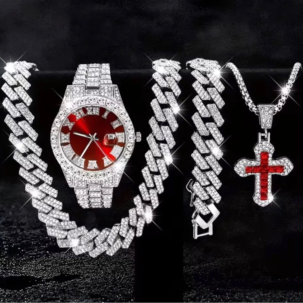 Silver Men’s Jewelry Set with Red Watch Dial and Cross Pendant